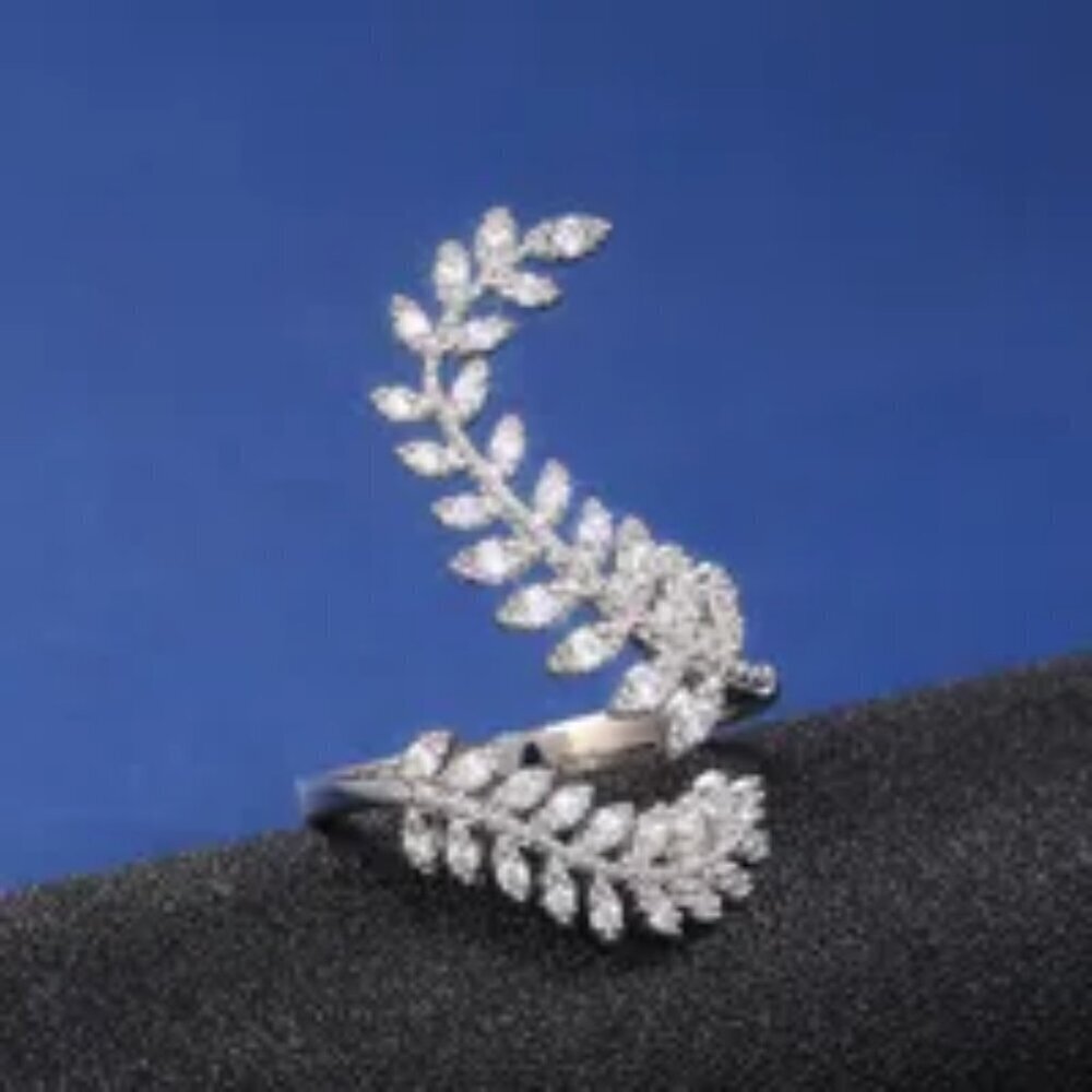 Sterling Silver Diamond Leaf Adjustable Ring  Elegant NWT